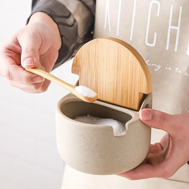Japanese Style Ceramic Seasoning Jar Set With Bamboo Lid And Spoon 5