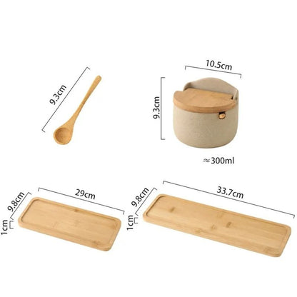 Japanese Style Ceramic Seasoning Jar Set With Bamboo Lid And Spoon 6