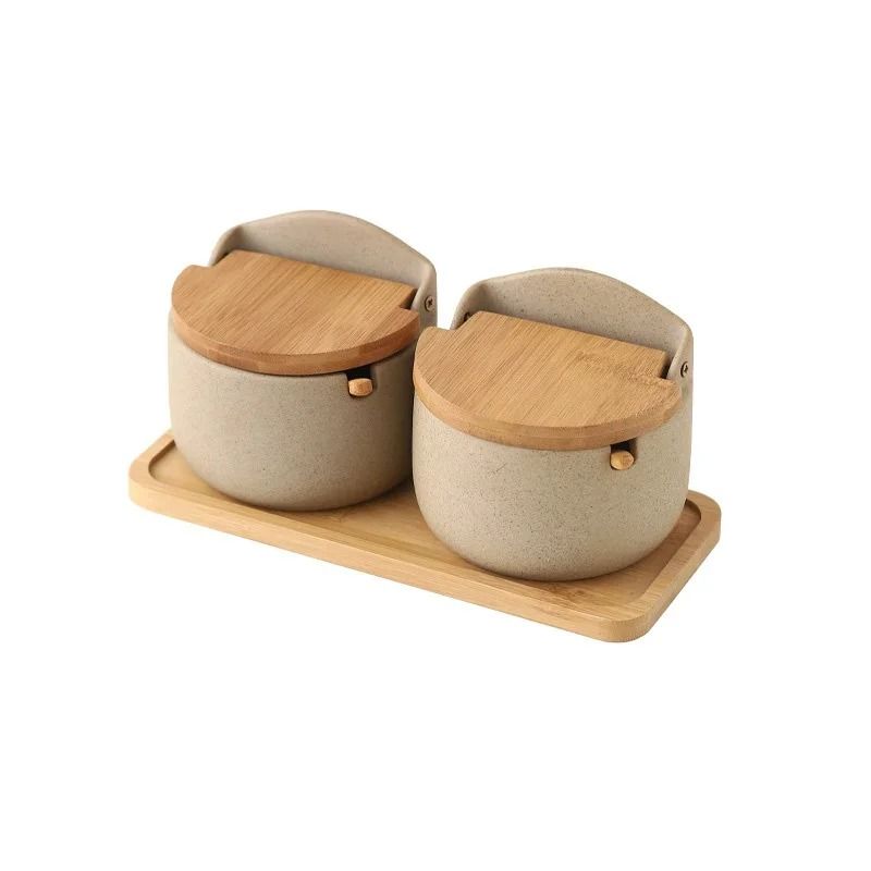 Japanese Style Ceramic Seasoning Jar Set With Bamboo Lid And Spoon 8