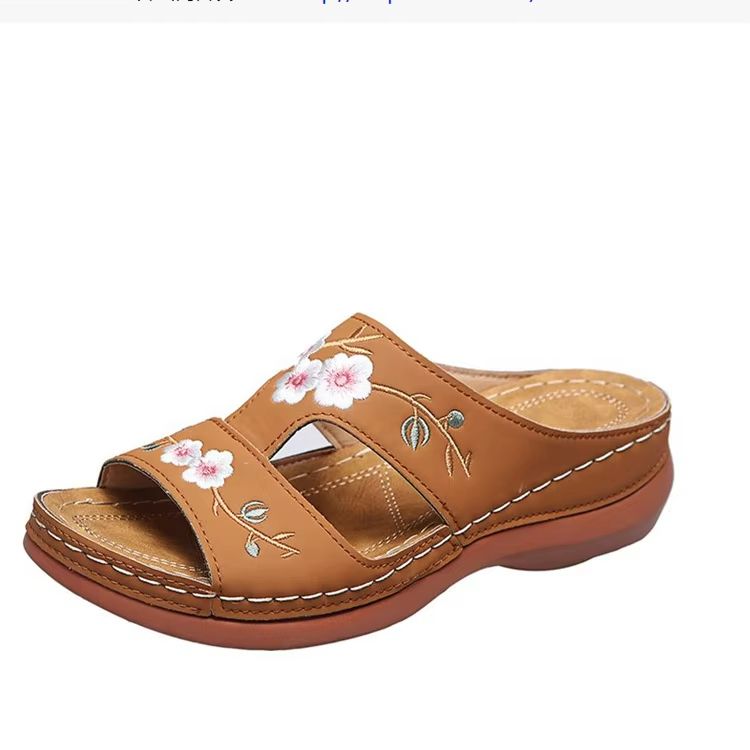 Elegant Bloom Leather Wedges  Flower Embroidered Sandals For Everyday Summer Comfort 9