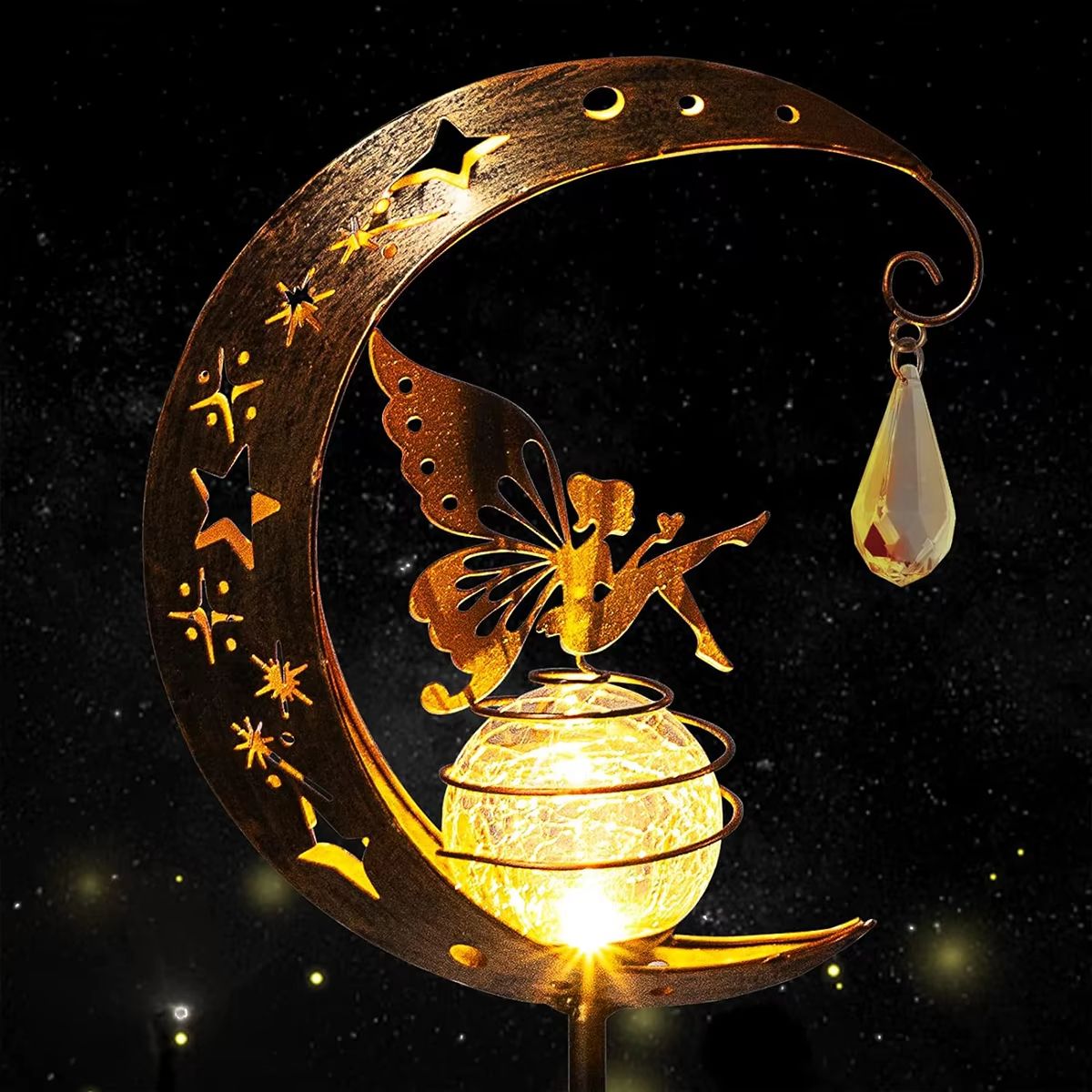 Whimsical Moon Fairy Solar Garden Stake Light | Crackle Glass Globe