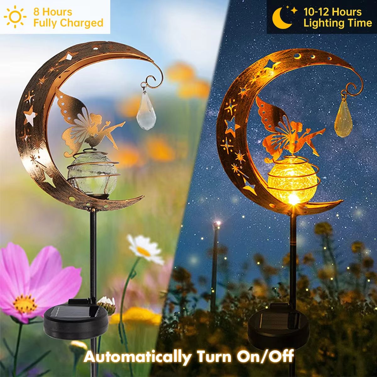 Whimsical Moon Fairy Solar Garden Stake Light  Crackle Glass Globe 1