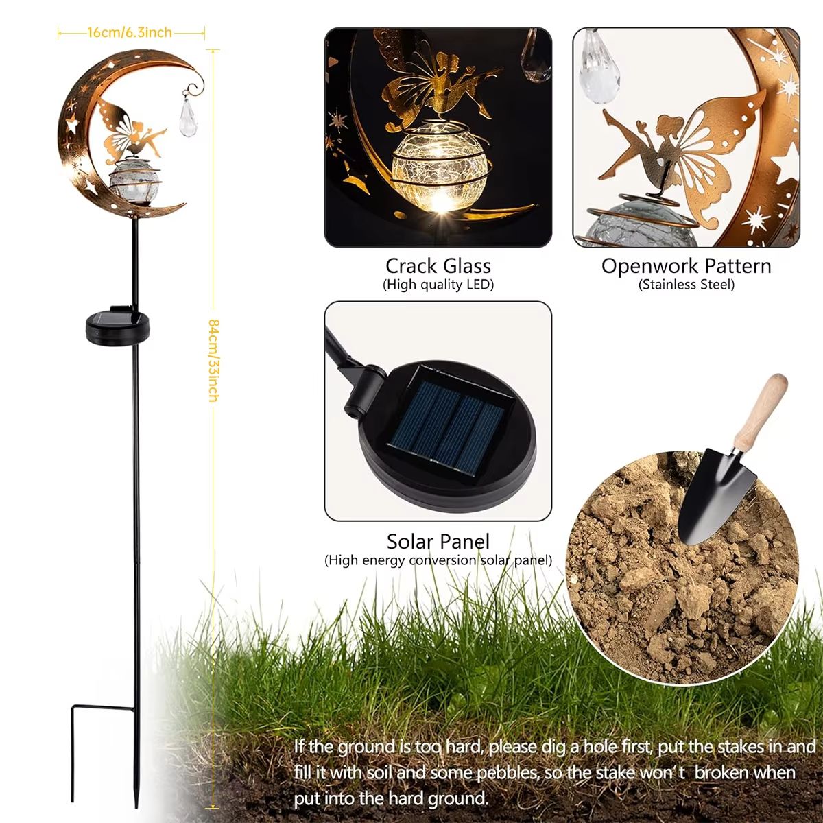 Whimsical Moon Fairy Solar Garden Stake Light  Crackle Glass Globe 2