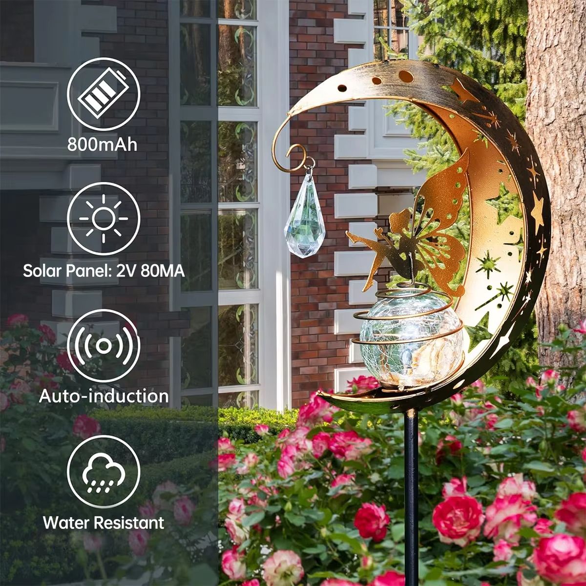 Whimsical Moon Fairy Solar Garden Stake Light  Crackle Glass Globe 3