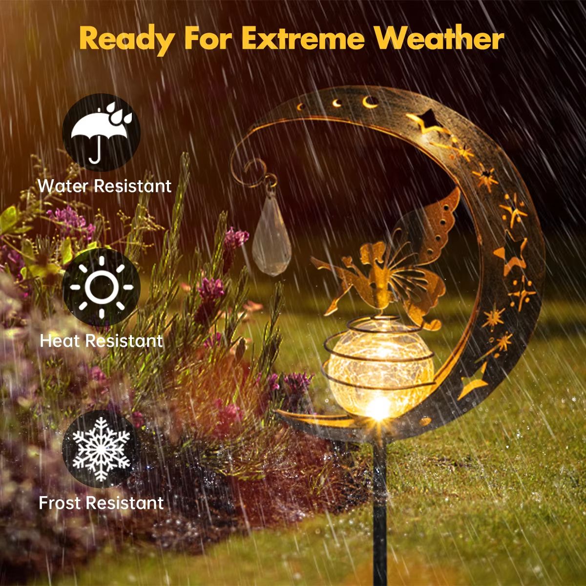 Whimsical Moon Fairy Solar Garden Stake Light  Crackle Glass Globe 4