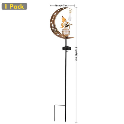 Whimsical Moon Fairy Solar Garden Stake Light  Crackle Glass Globe 6