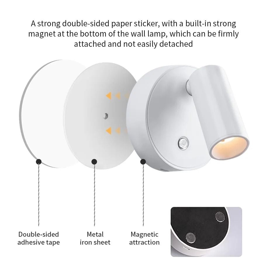 LED Magnetic USB Rechargeable Wall Spotlight Set 2pcs Wireless Reading Light 5