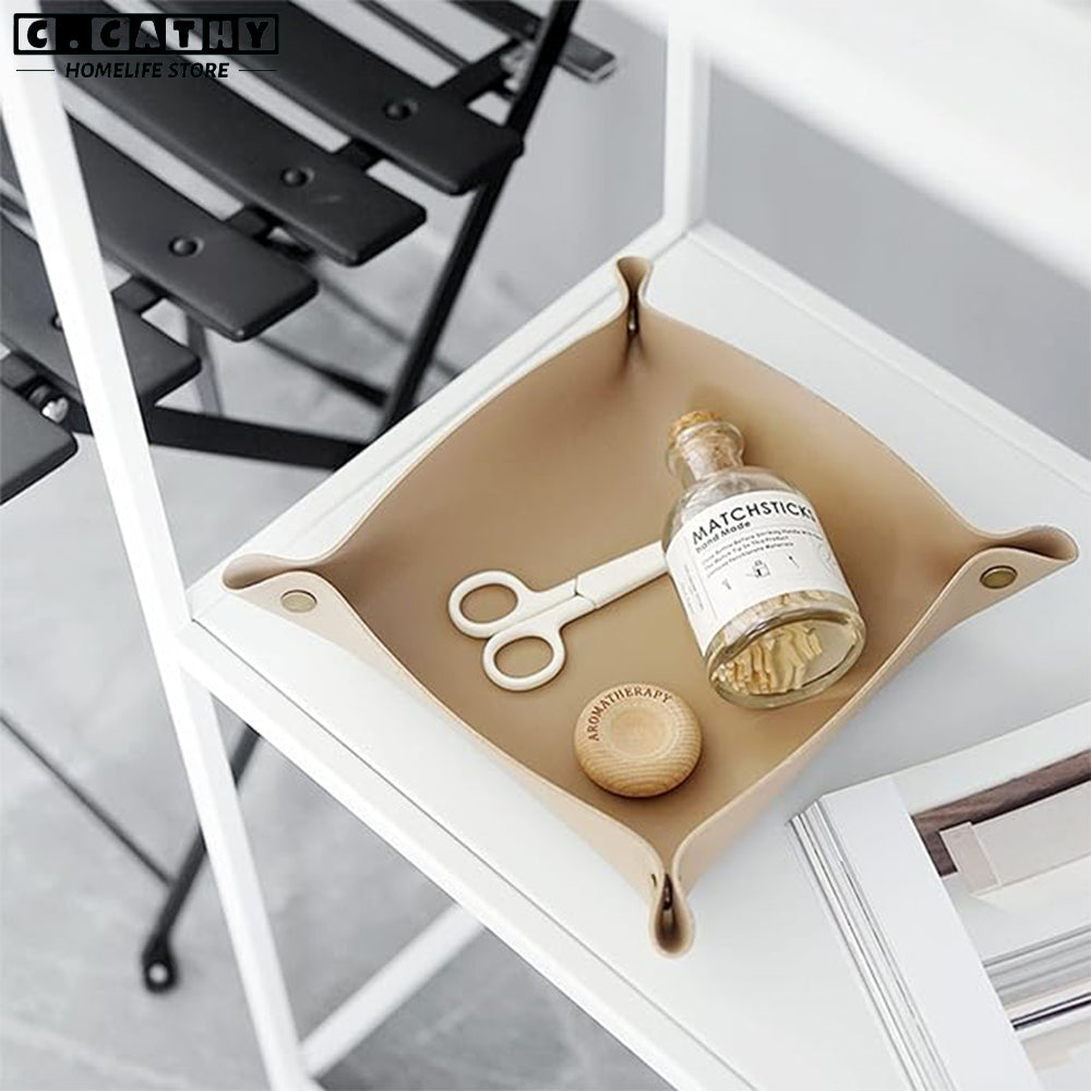 Foldable Leather Tray, Jewelry, Key Catchall Organizer for Desk, Entryway, Nightstand Multi-Purpose Storage Box