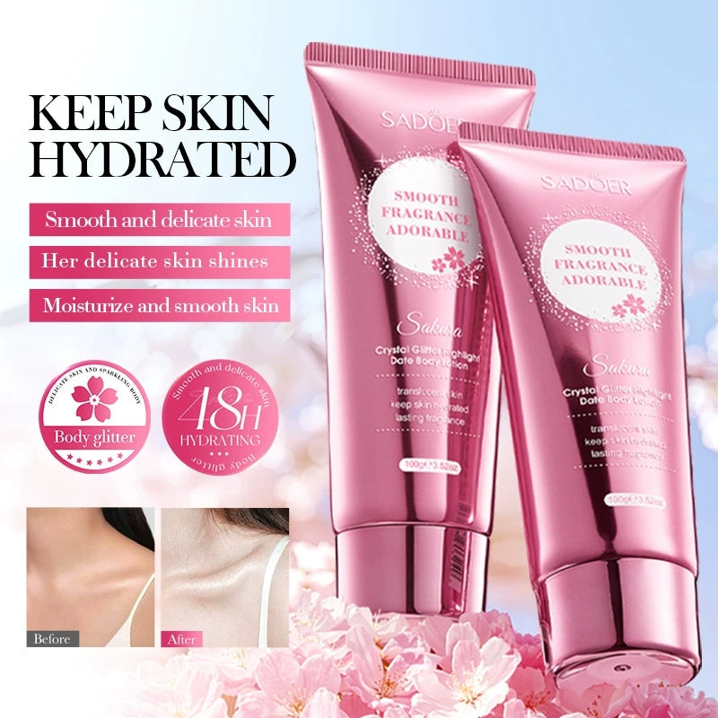 Sakura Fragrance Body, Whitening Glitter Cream, Moisturizing Hydrating Lotion, Luxury Neck Hand Arm Leg Skin Care