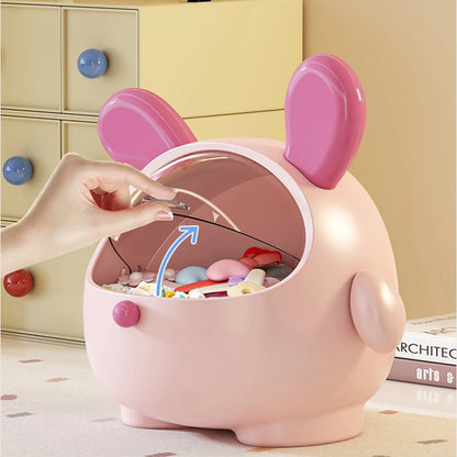 Cute Rabbit Desktop Storage Box with Dustproof Stationery Organizer for Girl Hair Rings, Jewelry & Home Decor
