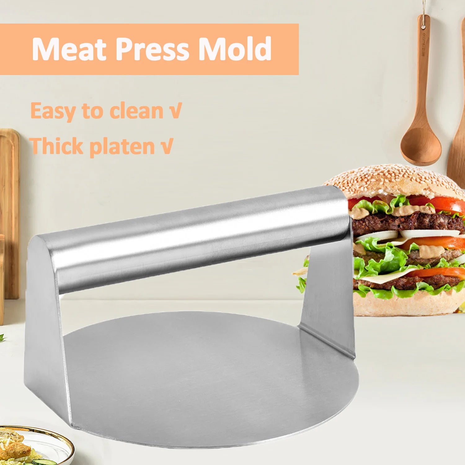 Stainless Steel Smash Burger Press Round Shape, Hamburger Meat Mold for Deli Use, Kitchen Beef Masher Plate Tool