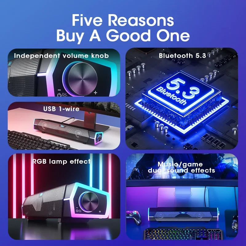 Cinema Level Heavy Bass 4D Wired Computer Speakers, Bluetooth Surround Sound System, RGB Gaming Speaker Setup