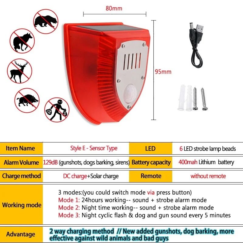 Solar Motion Sensor Alarm Light Outdoor Security Strobe 7