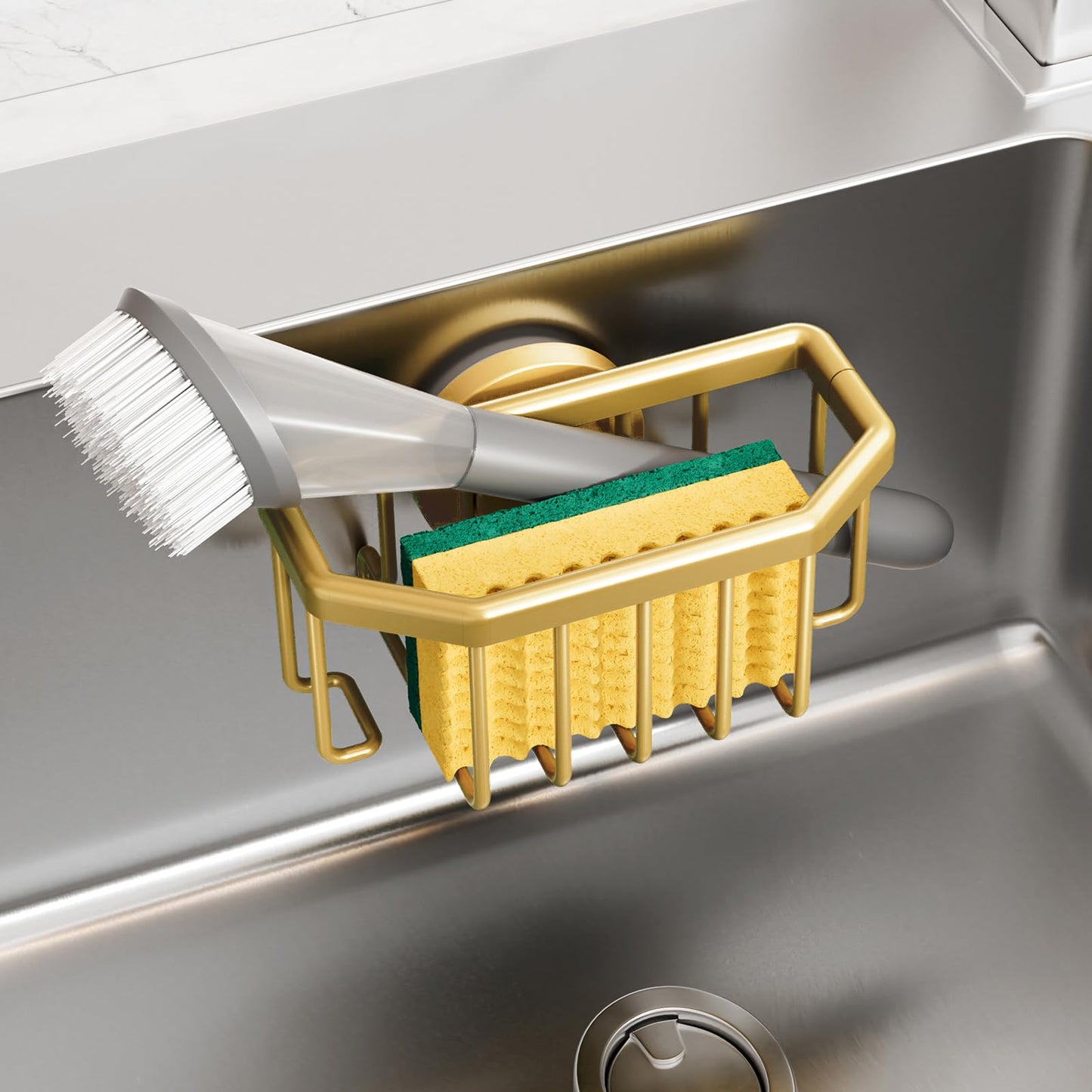 TAILI Sponge Holder for Kitchen Sink, Strong Suction Cup, Removable, Rustproof Aluminum Sink Caddy for Sponge Brush
