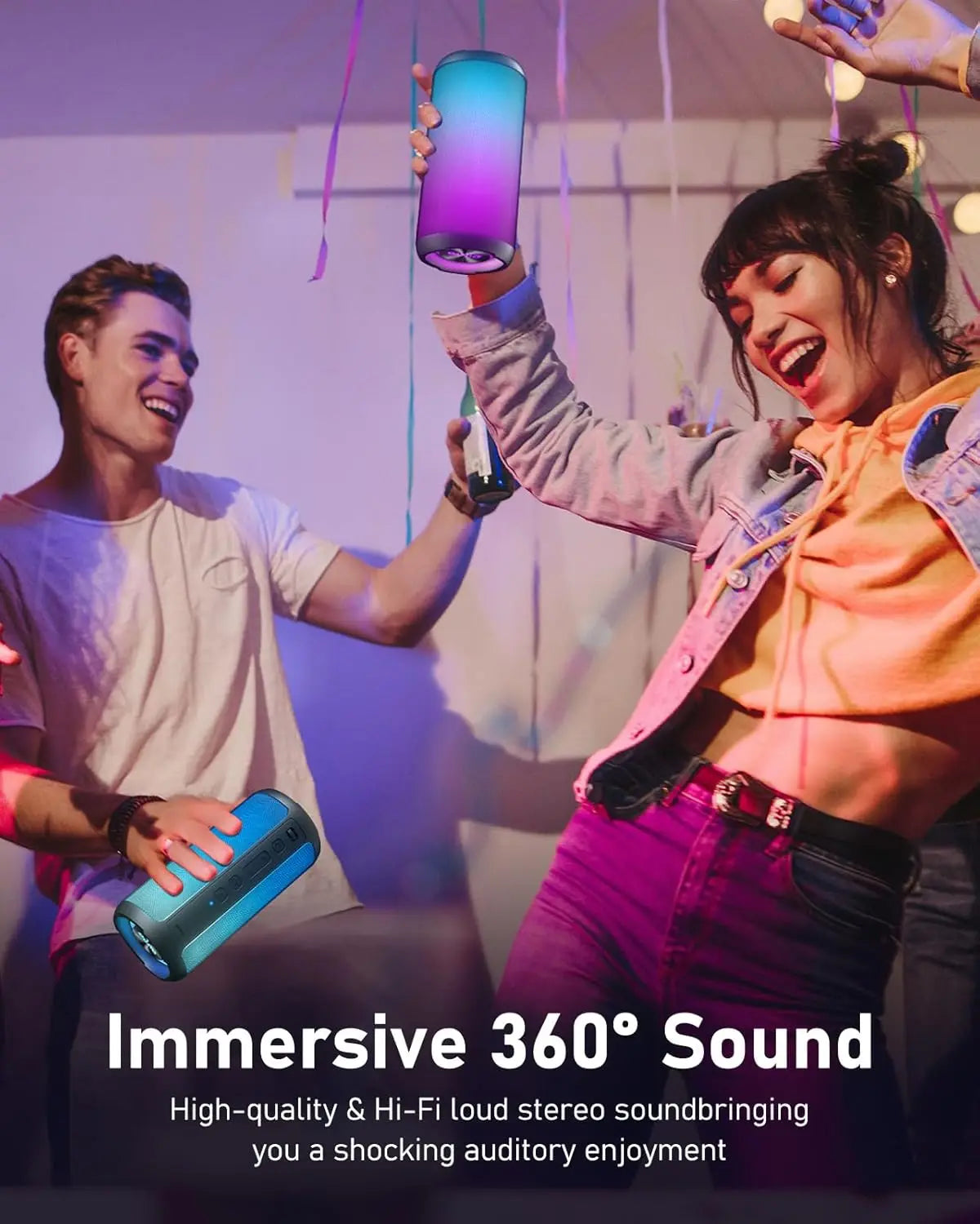 Portable Bluetooth Speaker, True Wireless Stereo, Waterproof Outdoor Speakers, LED Light, TF Card, Bass Boost