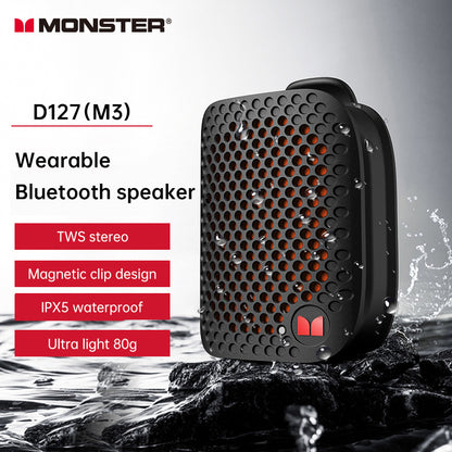 Monster M3 Clip-On Mini BT V5.4 Wireless Bluetooth Speaker, Portable Outdoor Sport Speaker, Wearable Bass Mic