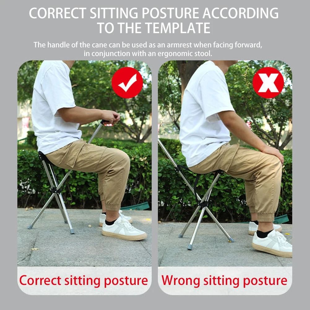 Product specs and size chart for the lightweight folding cane with builtin seat