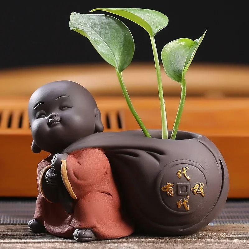 Mini Purple Clay Monk Figurine Flower Vase for Home Decoration