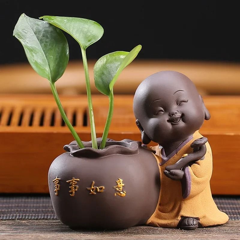 Mini Purple Clay Monk Figurine Flower Vase For Home Decoration 10