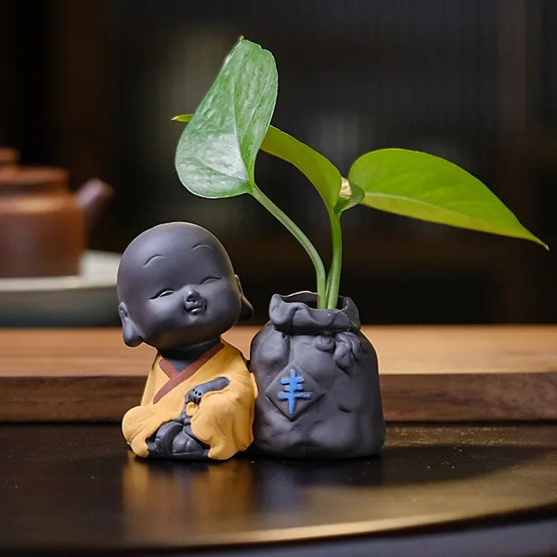 Mini Purple Clay Monk Figurine Flower Vase For Home Decoration 11