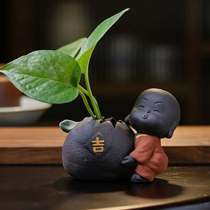 Mini Purple Clay Monk Figurine Flower Vase For Home Decoration 14