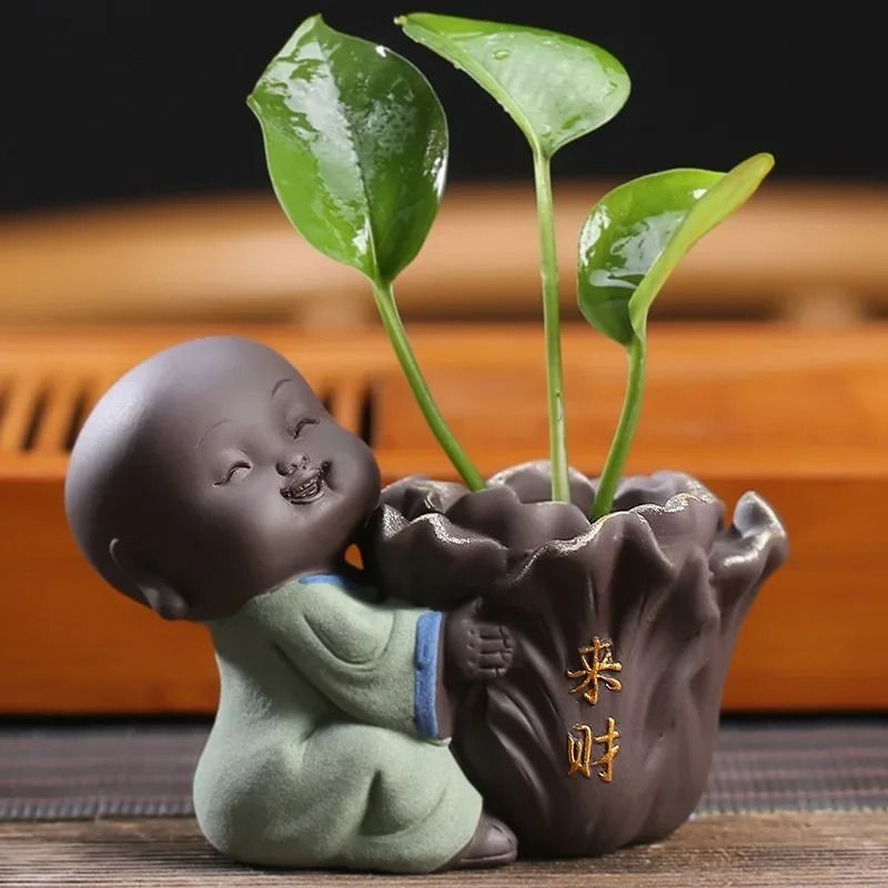 Mini Purple Clay Monk Figurine Flower Vase For Home Decoration 1