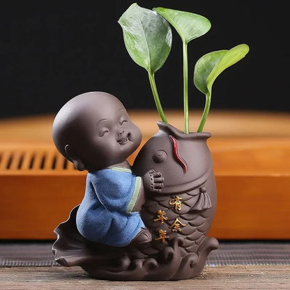 Mini Purple Clay Monk Figurine Flower Vase For Home Decoration 2