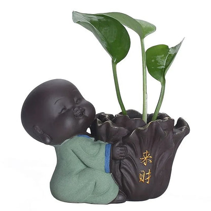 Mini Purple Clay Monk Figurine Flower Vase For Home Decoration 4