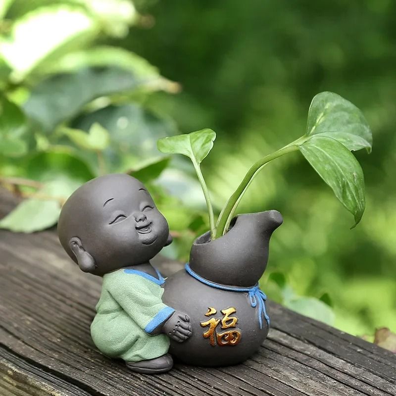 Mini Purple Clay Monk Figurine Flower Vase For Home Decoration 16