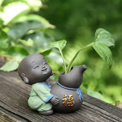 Mini Purple Clay Monk Figurine Flower Vase For Home Decoration 16