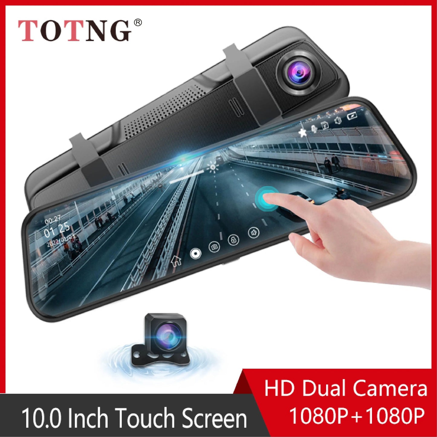 10 Inch Touchscreen Mirror Dash Cam with Front and Rear Cameras