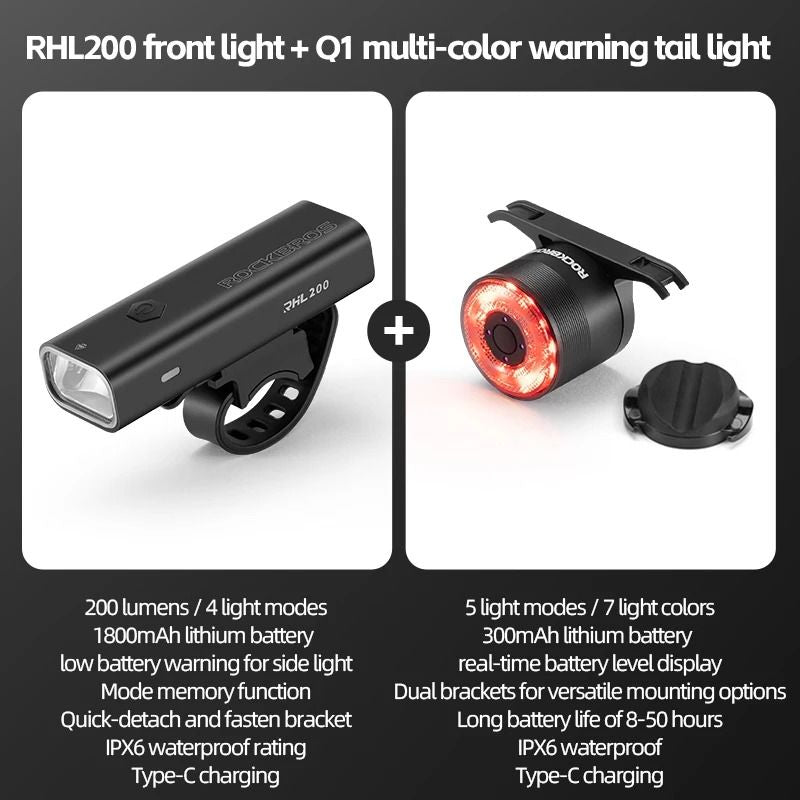ROCKBROS Waterproof USB C Rechargeable Bike Light With Head And Tail Lights 6