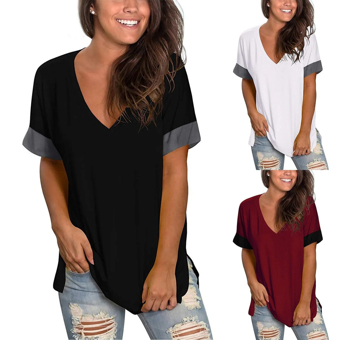 Spring Summer Solid Color V Neck Short Sleeve Womens Base Shirt
