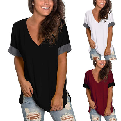 Spring Summer Solid Color V Neck Short Sleeve Womens Base Shirt
