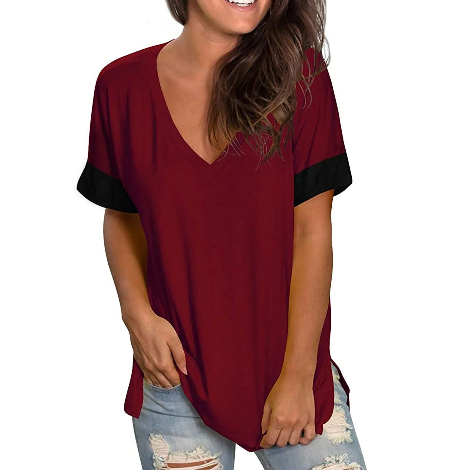 Spring Summer Solid Color V Neck Short Sleeve Womens Base Shirt 10