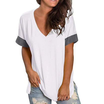 Spring Summer Solid Color V Neck Short Sleeve Womens Base Shirt 6