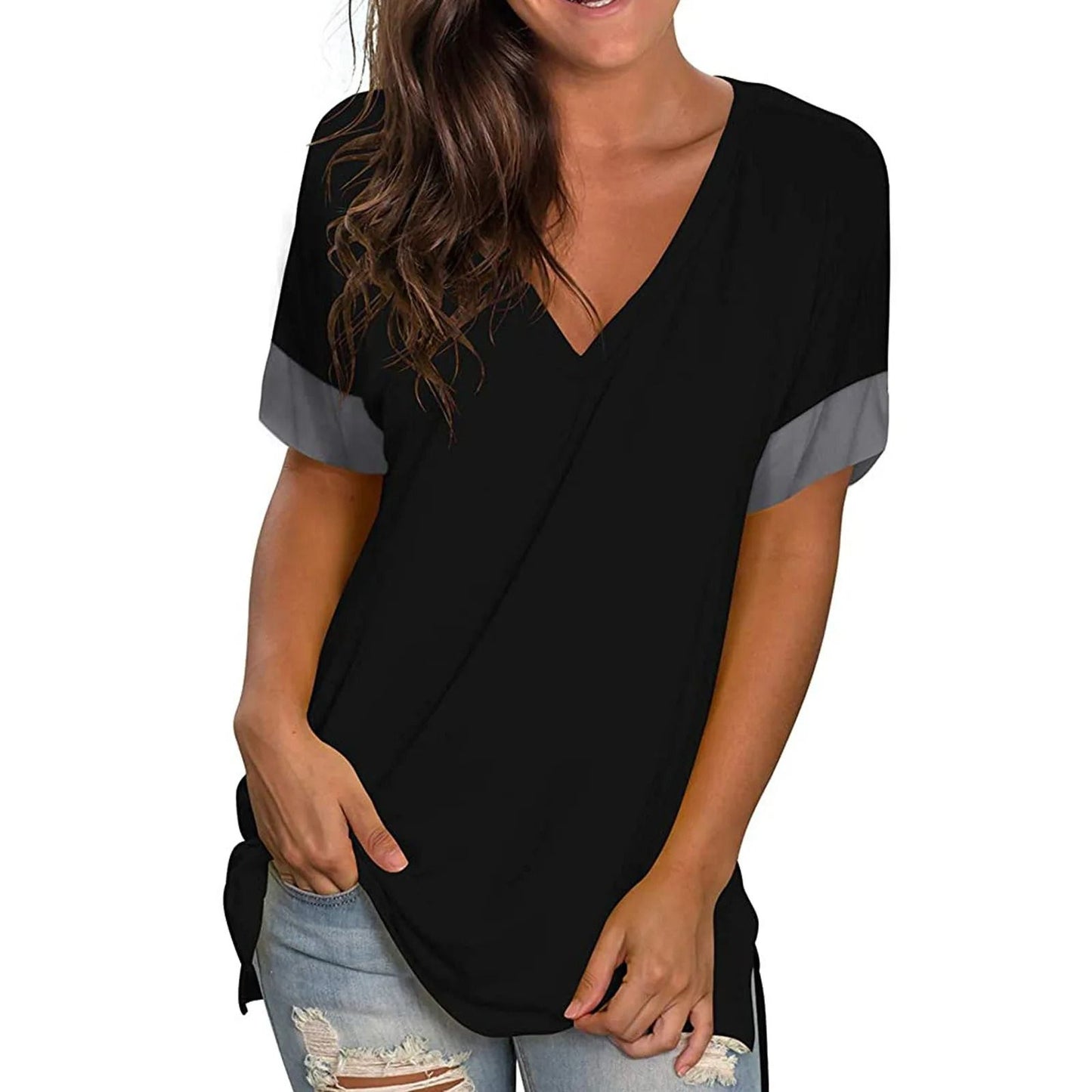 Spring Summer Solid Color V Neck Short Sleeve Womens Base Shirt 7