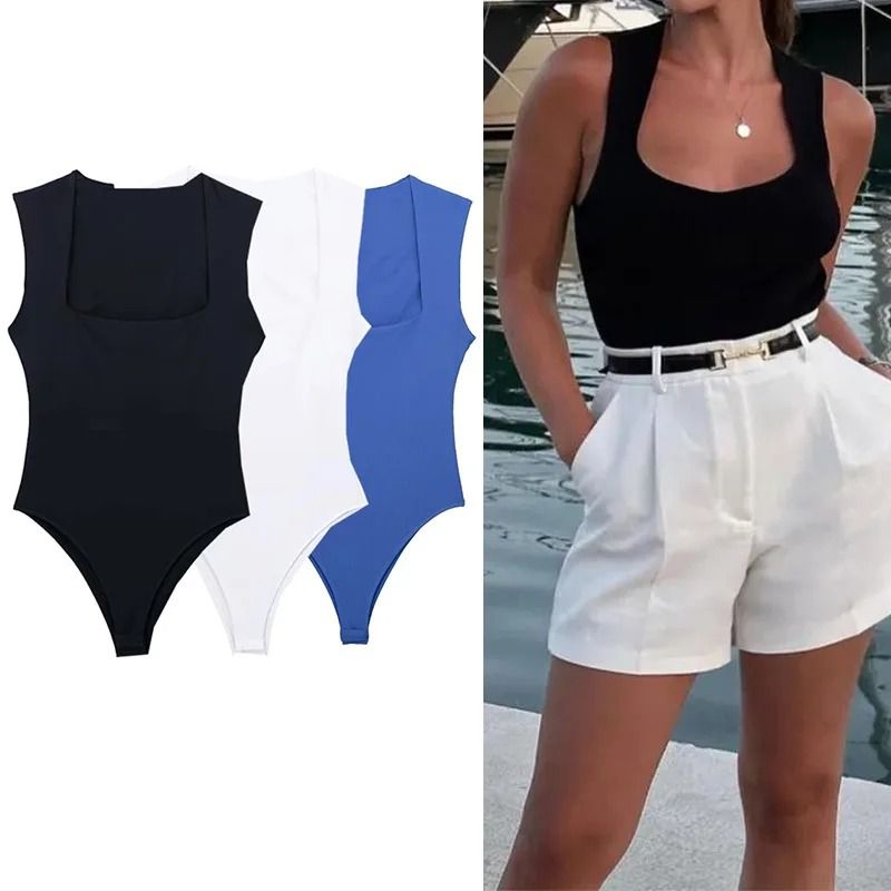 Women Square Neck Sleeveless Bodysuit Bodycon Summer Top