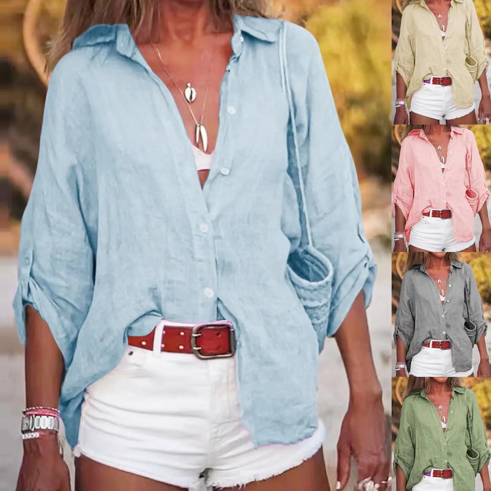Womens Pure Cotton Loose Seven Quarter Sleeve Shirt