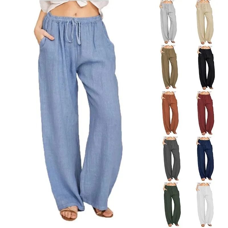 Womens Cotton Linen Straight Leg Pants with Elastic Waist and Pockets