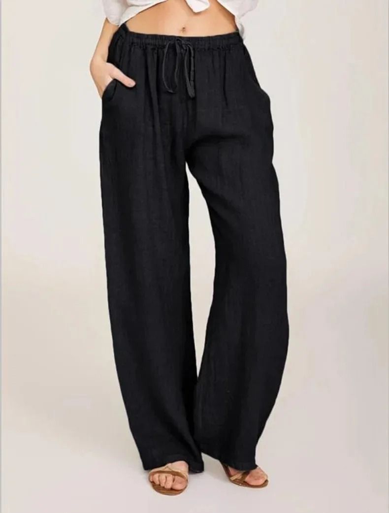 Womens Cotton Linen Straight Leg Pants With Elastic Waist And Pockets 1