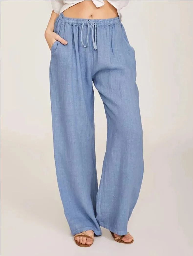Womens Cotton Linen Straight Leg Pants With Elastic Waist And Pockets 2