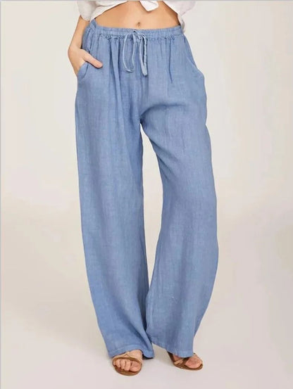 Womens Cotton Linen Straight Leg Pants With Elastic Waist And Pockets 2