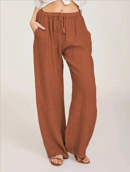 Womens Cotton Linen Straight Leg Pants With Elastic Waist And Pockets 4