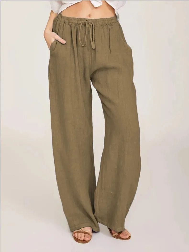 Womens Cotton Linen Straight Leg Pants With Elastic Waist And Pockets 5