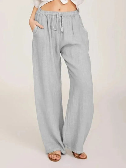 Womens Cotton Linen Straight Leg Pants With Elastic Waist And Pockets 6