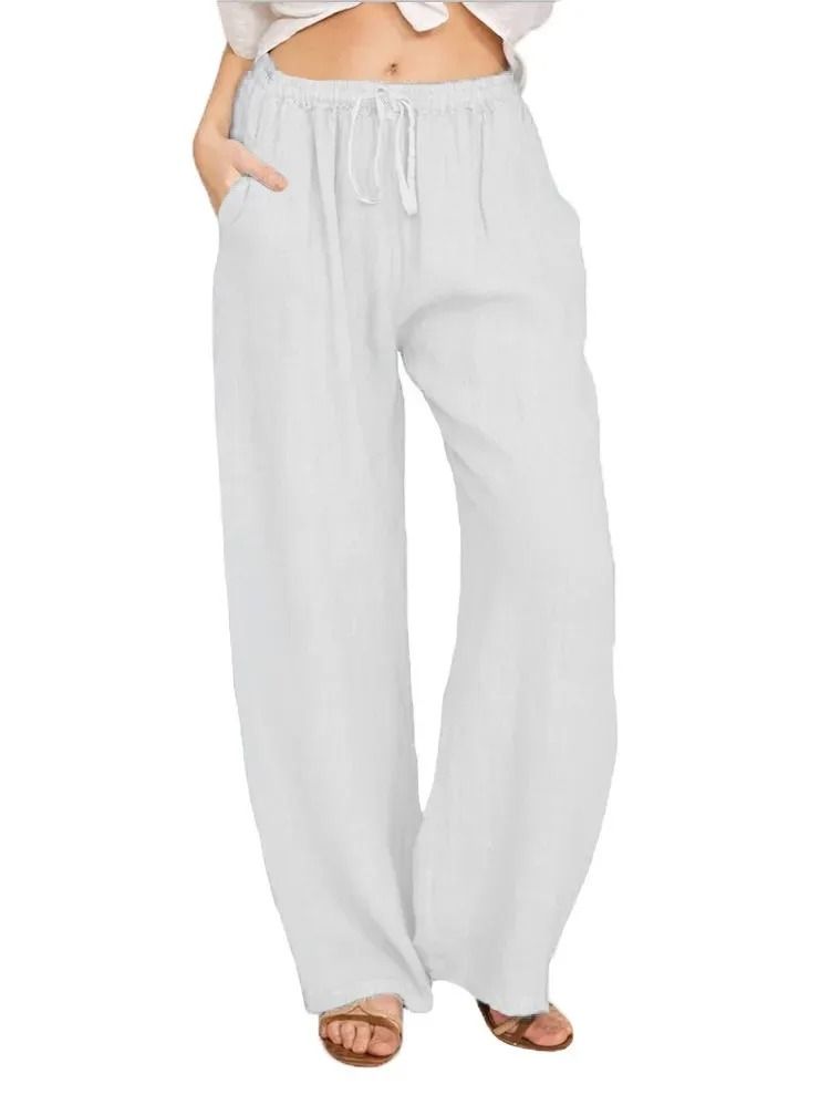 Womens Cotton Linen Straight Leg Pants With Elastic Waist And Pockets 9