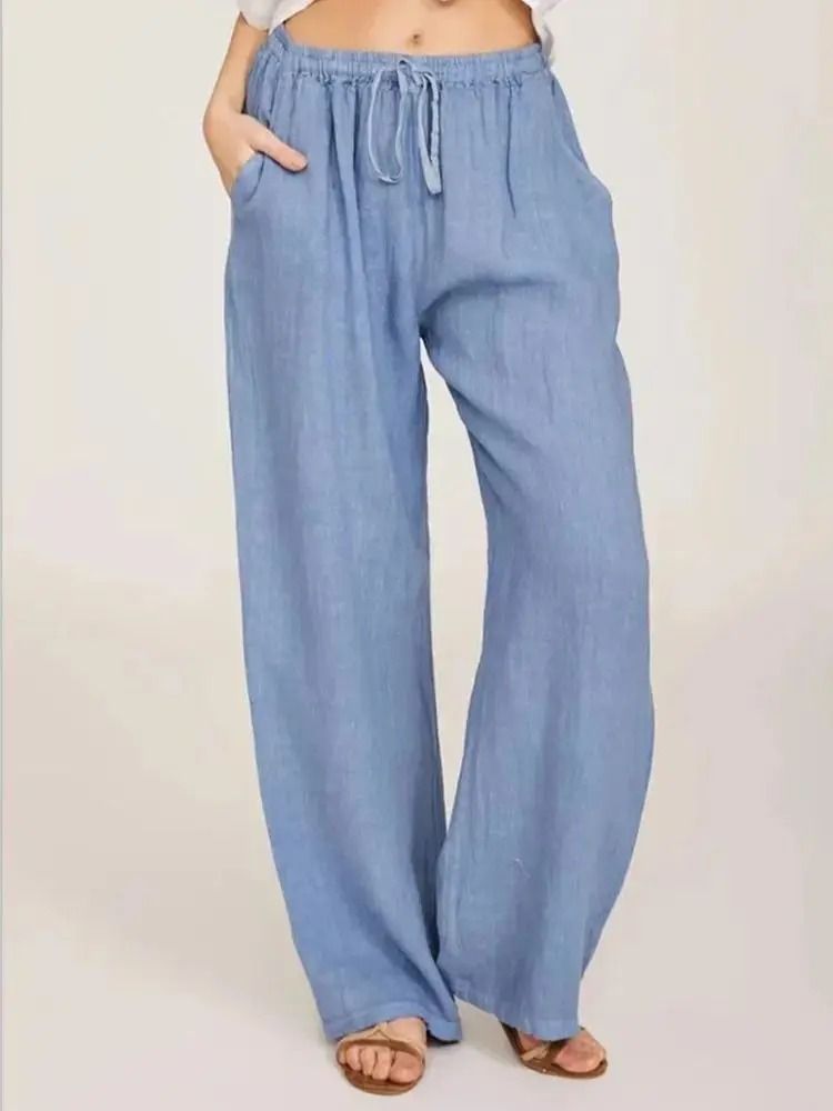 Womens Cotton Linen Straight Leg Pants With Elastic Waist And Pockets 10