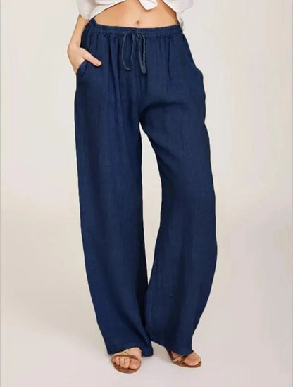 Womens Cotton Linen Straight Leg Pants With Elastic Waist And Pockets 11