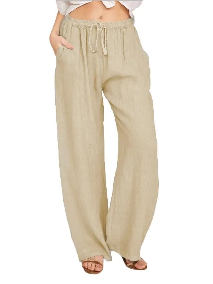 Womens Cotton Linen Straight Leg Pants With Elastic Waist And Pockets 8